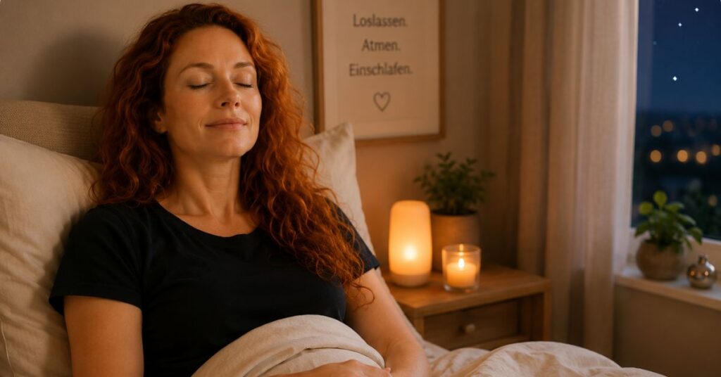 Frau liegt mit geschlossenen Augen im Bett als Symbol für Schlafprobleme und Einschlafstörungen